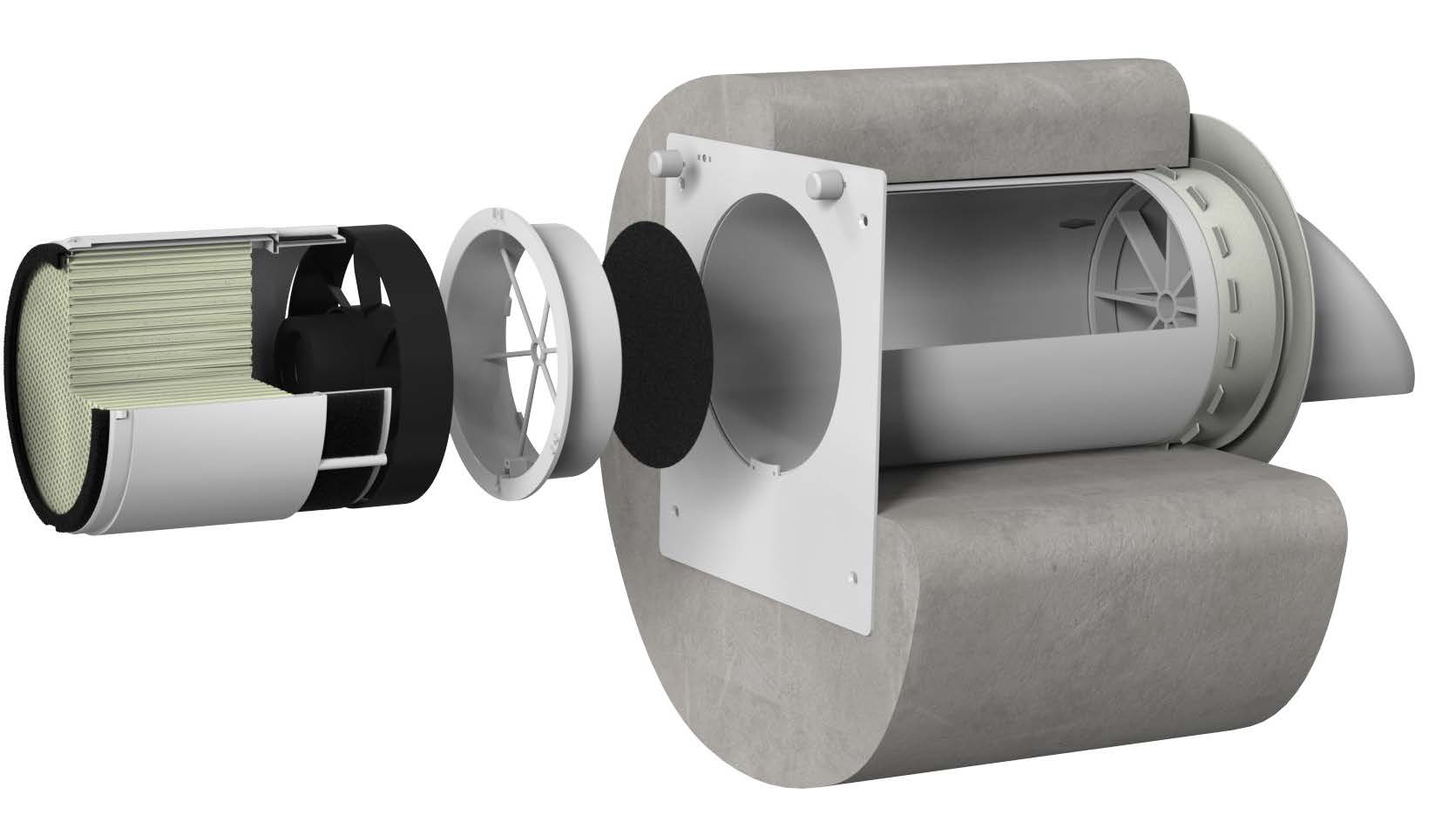 Vista interna del recuperatore di calore VMC: filtro, ventola e recuperatore in ceramica
